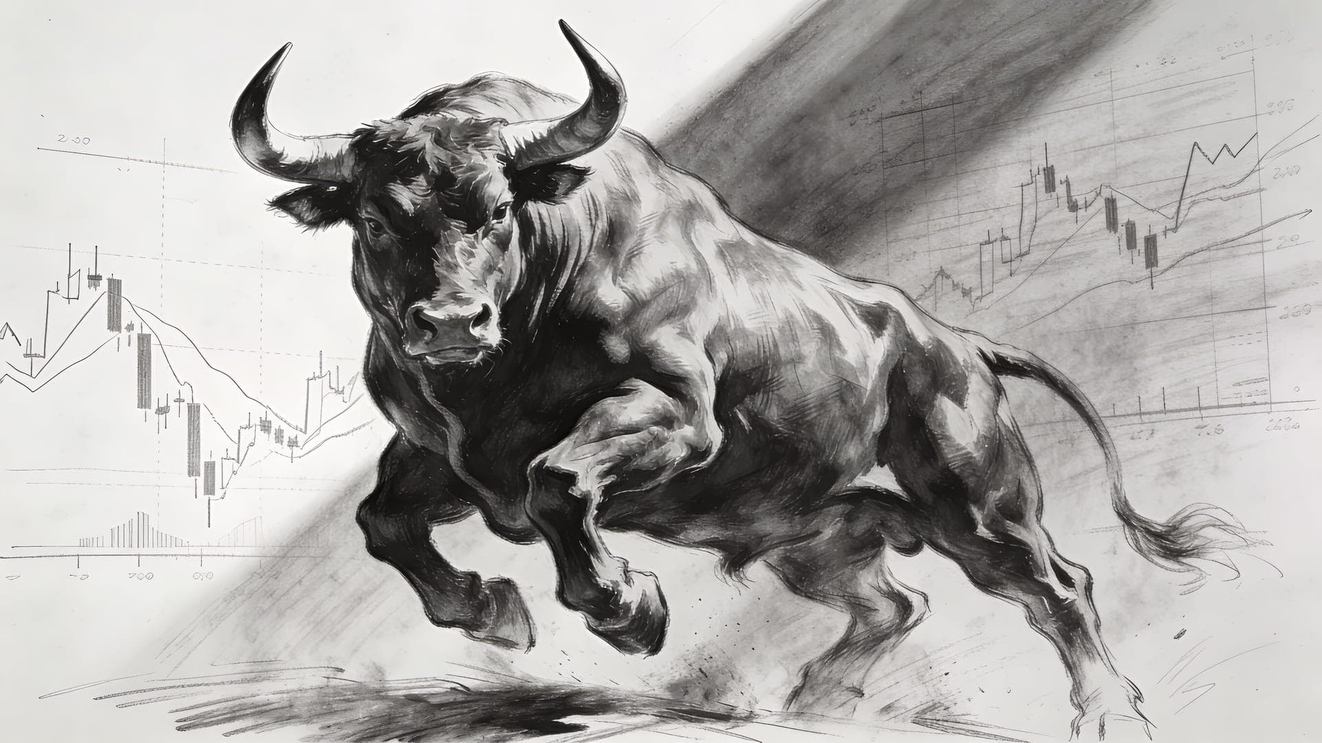 Charging bull illustration with trading charts